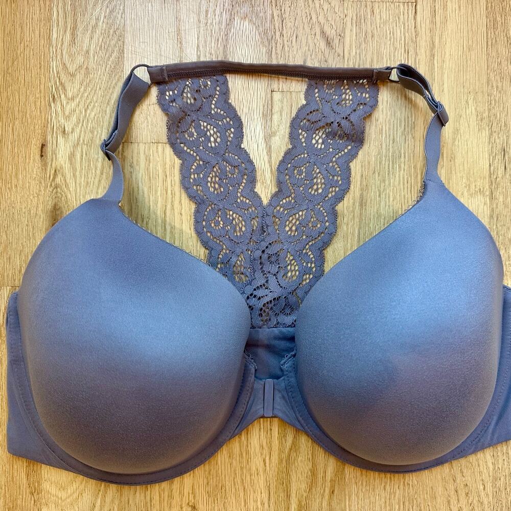 Victoria's Secret Front Close Lace Racerback Bra, Gray, 38DDD